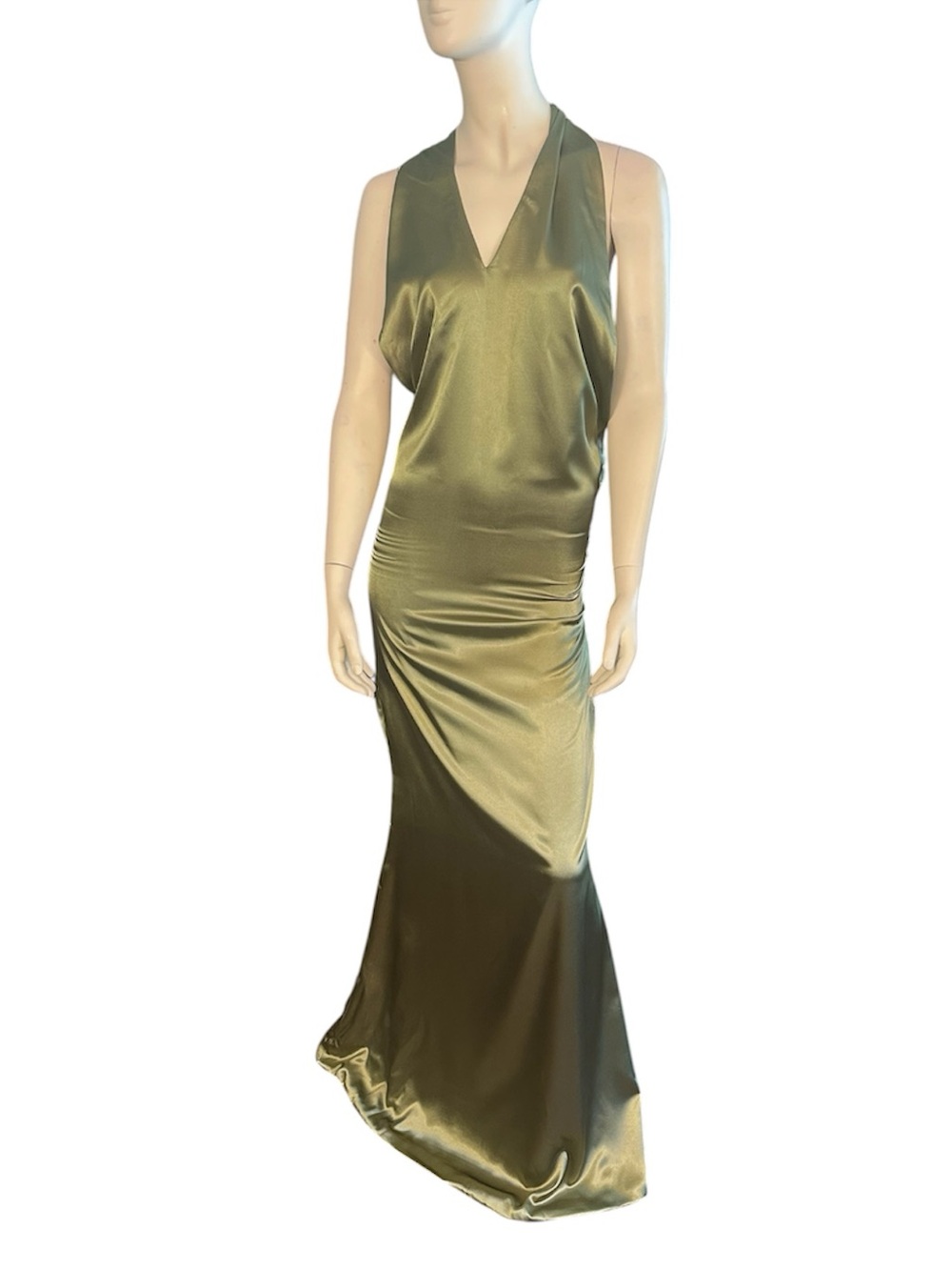 Inewer Backless Halter Puddling Floor Length Satin Gown Olive Green Size 8 NWT